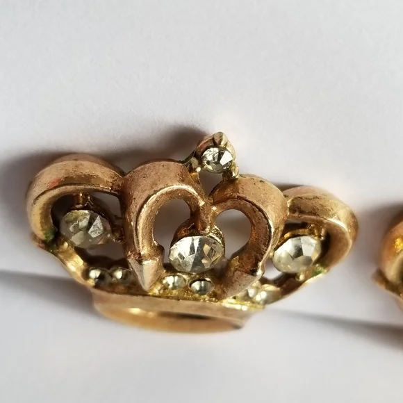 Relisted-Vintage crown shaped clip earrings gold tone clear rhinestones royal - Picture 8 of 17